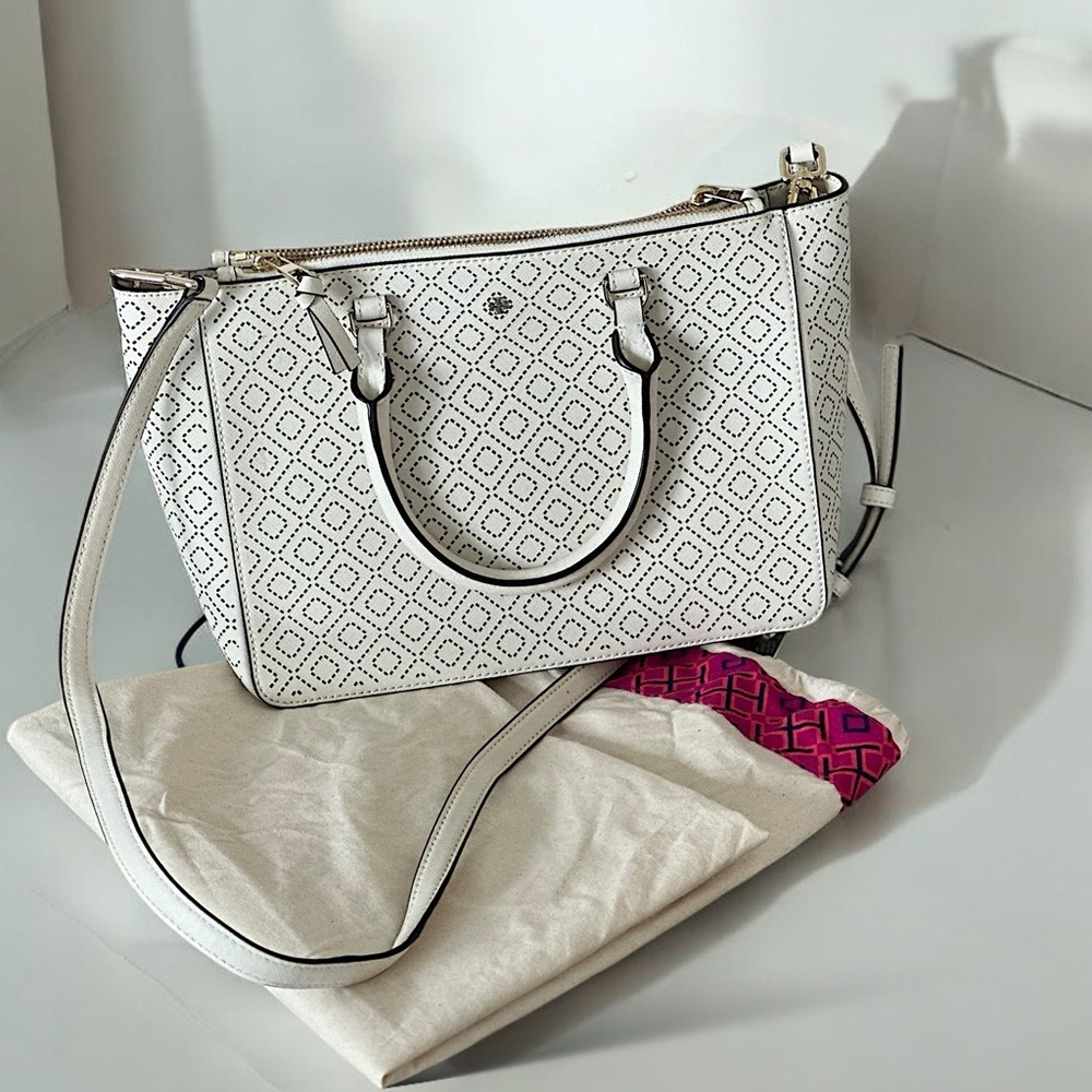 💖 Tory Burch Perforated Leather Tote Bag - White Cream Shoulder Purse Handbag